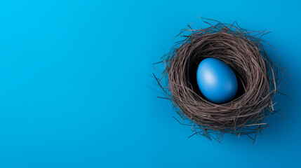 Blue Easter egg in a nest, top view with copy space, blue background. Happy Easter composition. Easter painted egg. Minimal Easter concept