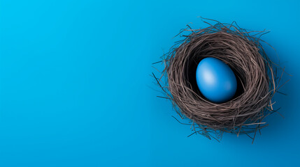 Fototapeta premium Blue Easter egg in a nest, top view with copy space, blue background. Happy Easter composition. Easter painted egg. Minimal Easter concept