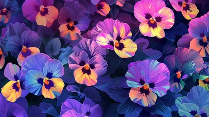 Flowering beautiful pansies in garden close-up. Summer natural banner with pansy flowers. 