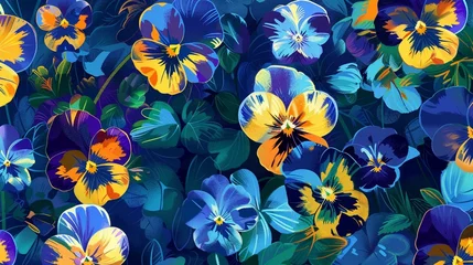 Fotobehang Flowering beautiful pansies in garden close-up. Summer natural banner with pansy flowers.  © usman