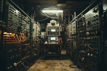 industrial control center, retro equipment in the interior of the plant workshop, manufacturing concept