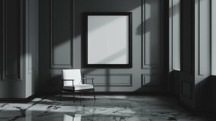 Frame mockup in an elegant black and white interior with armchair. 