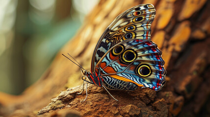 A mesmerizing close-up of a colorful butterfly resting serenely on a brown tree branch