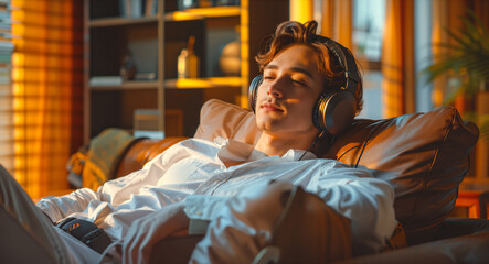 A man wears headphones and listens to music happily in the living room