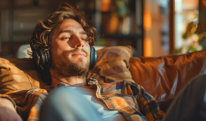 A man wears headphones and listens to music happily in the living room