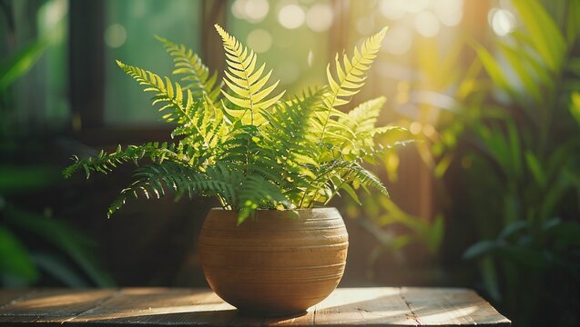 Bright green fern leaves in a vase on a wooden table