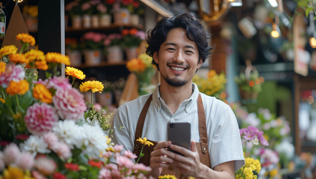 Male flower shop owner using smartphone to sell online in flower shop