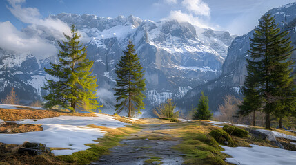 Medium shot photography, Spring Scenery at Alps, with snow-clad cliffs as the background, during marmot emergence from hibernation
