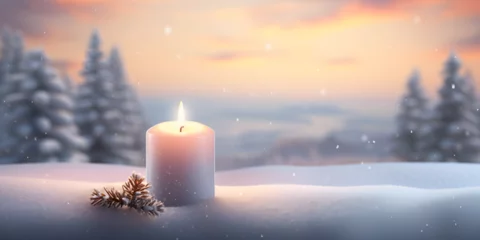 Papier Peint photo Lavende Christmas winter landscape background with burning candle and snowny trees on the blurly background Ai Generative