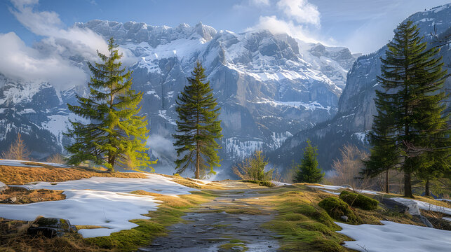 Medium shot photography, Spring Scenery at Alps, with snow-clad cliffs as the background, during marmot emergence from hibernation