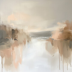 Abstract natural background in light brown and beige colors. The texture of strokes and drips of paint and palette knife. Square scenic painting. River with trees on the banks.