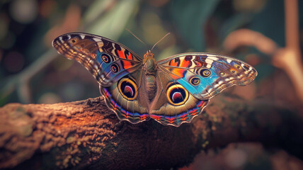 A mesmerizing close-up of a colorful butterfly resting serenely on a brown tree branch