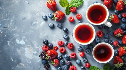 Freshly brewed tea with summer ripe berries. Top view, Banner format - obrazy, fototapety, plakaty