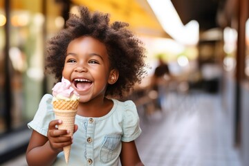 African american little girl smiling happy eating ice cream on holidays