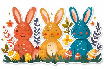 Happy Easter Eggs Basket Turquoise Dew. Bunny in Spring flower Garden. Cute 3d typographic zone easter rabbit illustration. Easter easter candy card wallpaper Pale yellow