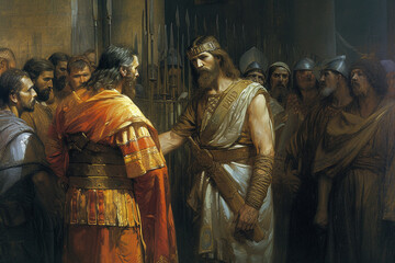 Jesus standing before Pilate - obrazy, fototapety, plakaty
