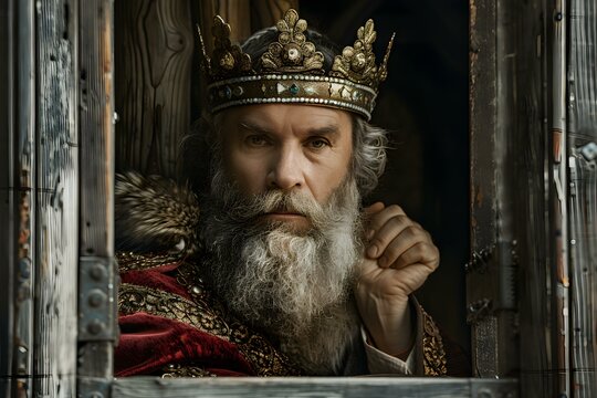 Biblical king in regal attire gazes contemplatively through a castle window. Concept Biblical King, Regal Attire, Castle Window, Contemplative Gaze