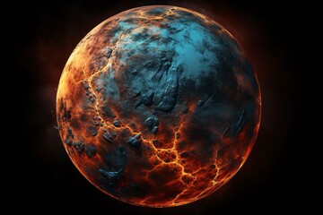 a planet with lava and blue and orange colors