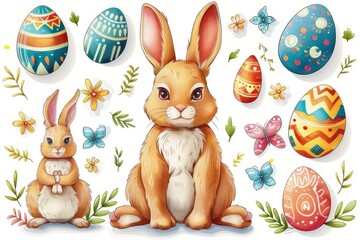 Happy Easter Eggs Basket Egg basket. Bunny in Resurrected flower Garden. Cute 3d striped patterns easter rabbit illustration. Easter easter bunny card wallpaper Champagne - obrazy, fototapety, plakaty