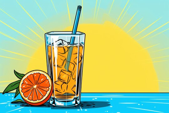 a cartoon of a glass of ice tea with a straw next to an orange slice