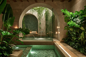 A Turkish hammam, such as lush greenery and decorative water features, to convey a sense of tranquility and rejuvenation. - obrazy, fototapety, plakaty