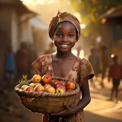 Beautiful young black african girl with some giant carrots in her pumpkin bowl on her way to the village market