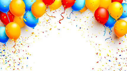 Party balloons and confetti on the white background. Party or birthday template with copyspace