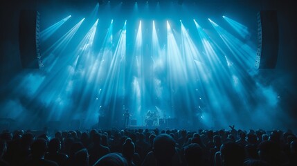Stage lights in blue tones, shadows of people on a dance floor, over a crowded concert hall during...