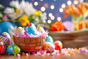 Fototapeta na wymiar Basket with decorated colorful eggs on the wooden table. Flowers on the background. Easter concept