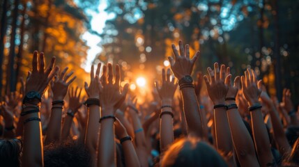 Music festival audience raising their hands