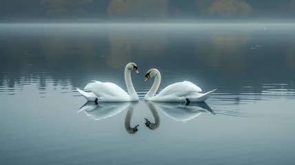 Foto op Aluminium A pair of swans gracefully gliding on a calm lake © UMAR SALAM