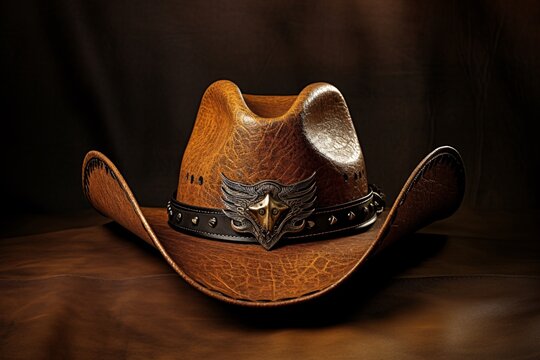 a brown cowboy hat with a metal decoration
