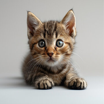face photo of baby cat facing towards the camera with smiling eyes on a white background, light is coming from the side to show 3 demsional shapof the face.