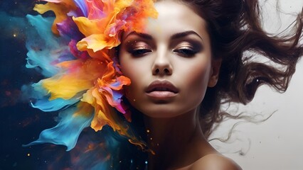 beautiful fantasy abstract portrait of a beautiful woman double exposure with a colorful digital paint splash or space nebula,young woman with beautiful colorful paint on head in the smoke,