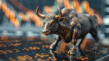 bull statue on stock market background with stock chart, business concept