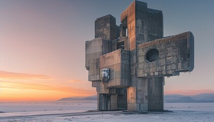 a building with a large structure in the middle of a snowy field - obrazy, fototapety, plakaty