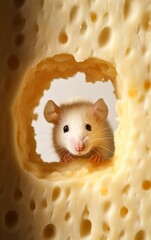 Mouse peeking out of a hole in a piece of cheese