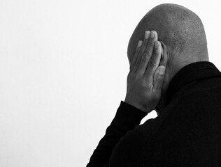 deafness suffering from hearing loss on grey white background with people stock image stock photo	