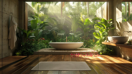 Tropical oasis bathroom with bamboo flooring and lush greenery.