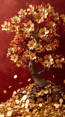 a tree with gold flowers and coins