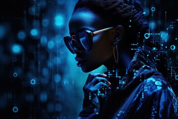 black diverse female data scientist looking on screen with visualization of information. Blue neon fluorescent display. It technology and AI concept.