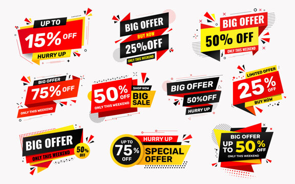 Sale Discount tag set with different percent. Promo price tag design. Product discount festival label collection. Super Sale promotion banner template. Flat sale Vector Illustration.