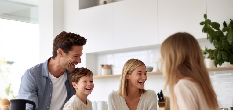caucasian family with kids in the minimal kitchen in the morning, smiling and looking happy
