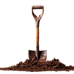 a shovel in dirt on a white surface