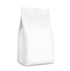 Vertical flat bottom gusset bag with zip lock mockup. Half side view. Vector illustration isolated on white background. Ready for use in presentation, promo, advertising and more. EPS10.