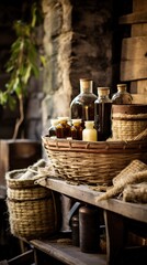Obraz premium A wicker basket holding bottles and candles is displayed on a wooden shelf