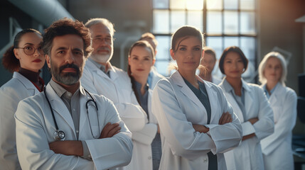 Fototapeta premium Diverse team of doctors standing confidently together . Sunlight streams through a window .