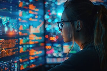 Female Analyst Monitoring Data on Multiple Computer Screens in a Modern Office