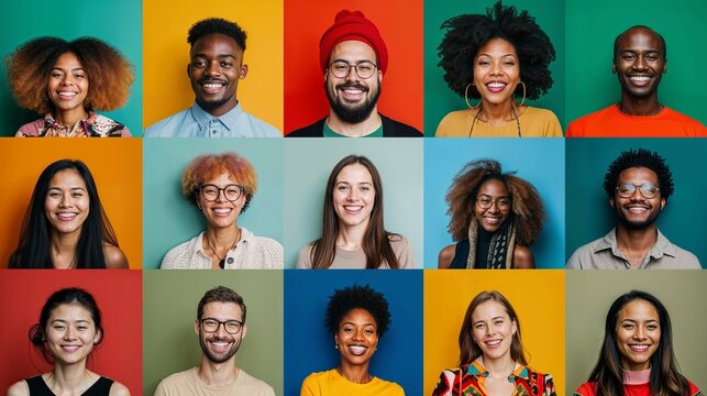 Collage de 15 personnes de diverses origine ethnique exprimant des &eacute;motions positives sur fond color&eacute;