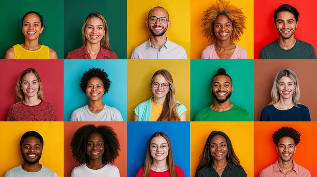 Collage de 15 personnes de diverses origine ethnique exprimant des &eacute;motions positives sur fond color&eacute;